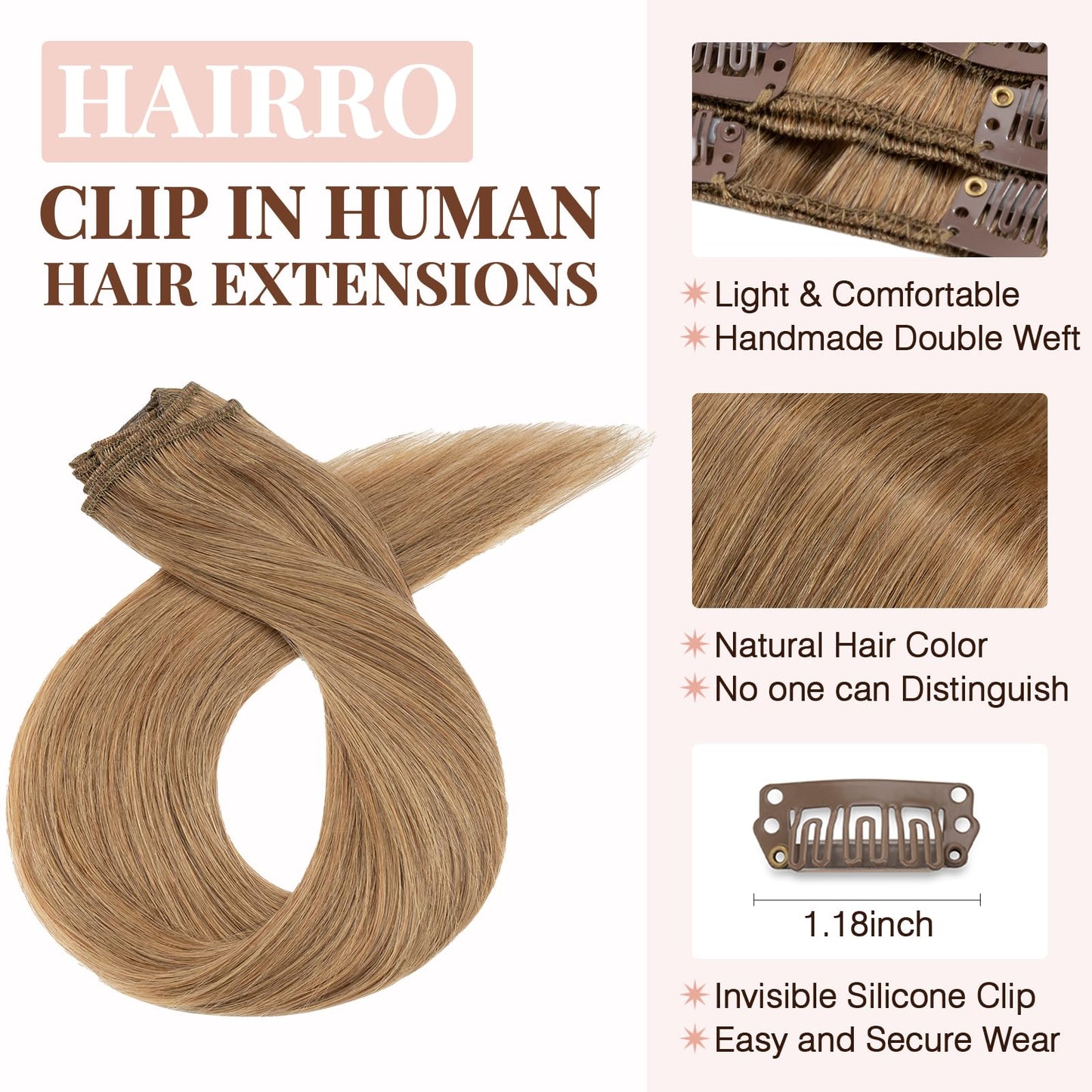 Hairro 8 Inch Short Clip in Human Hair Extensions 45g Thin 8 Pcs 18 Clips Standard Weft Straight Clip on 100% Human Hairpieces f