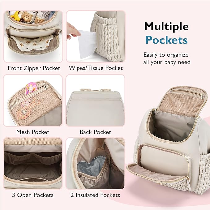 mommore Diaper Bag Small Diaper Backpack Stylish Baby Travel Backpacks with Insulated Pockets, Changing Pad, Stroller Straps