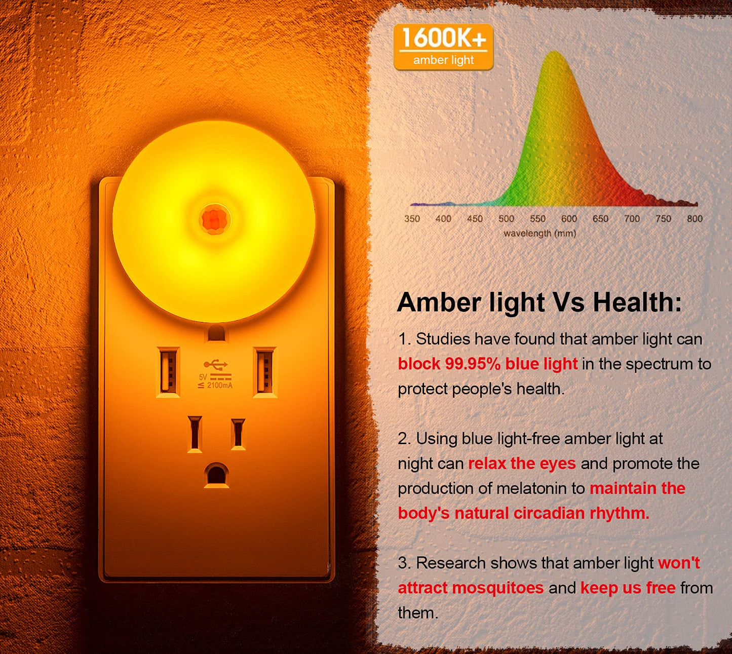myCozyLite Amber LED Motion Sensor Night Lights, Energy Efficient, Slim Round, Plug-in, 2 Pack
