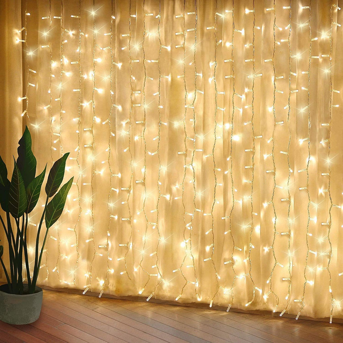 KPROE Curtain Lights, LED Fairy Lights with 8 Modes, Warm White, 6.8*6.8, Model JT-EL/FC300V0120-C, Copper Wire with