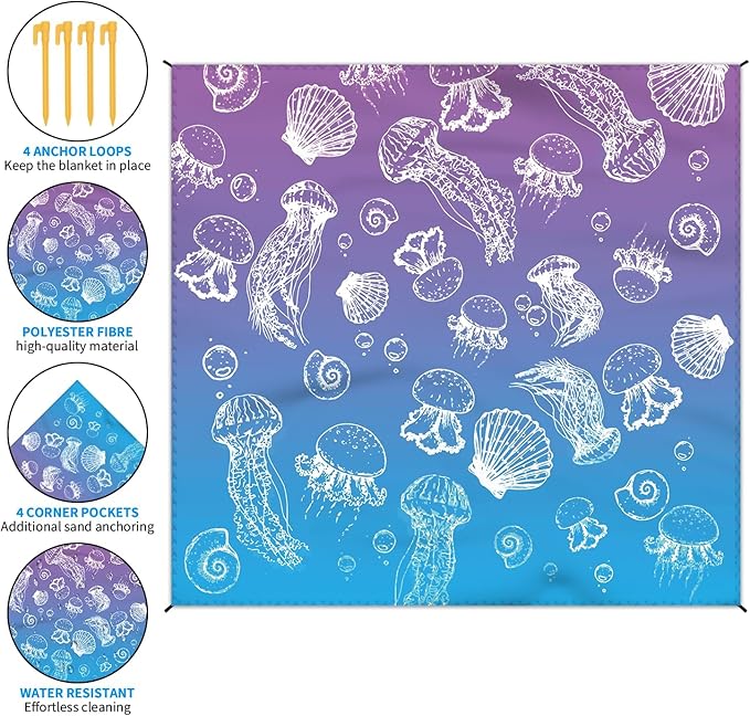 Beach Blanket Waterproof Sandproof Large Beach Mat 79" X 83" for 2-4 Adults Sand Free Mat Quick Drying,Durable with 4 Stakes & 4 Corner Pockets for Beach Travel Camping Hiking.(Purple)