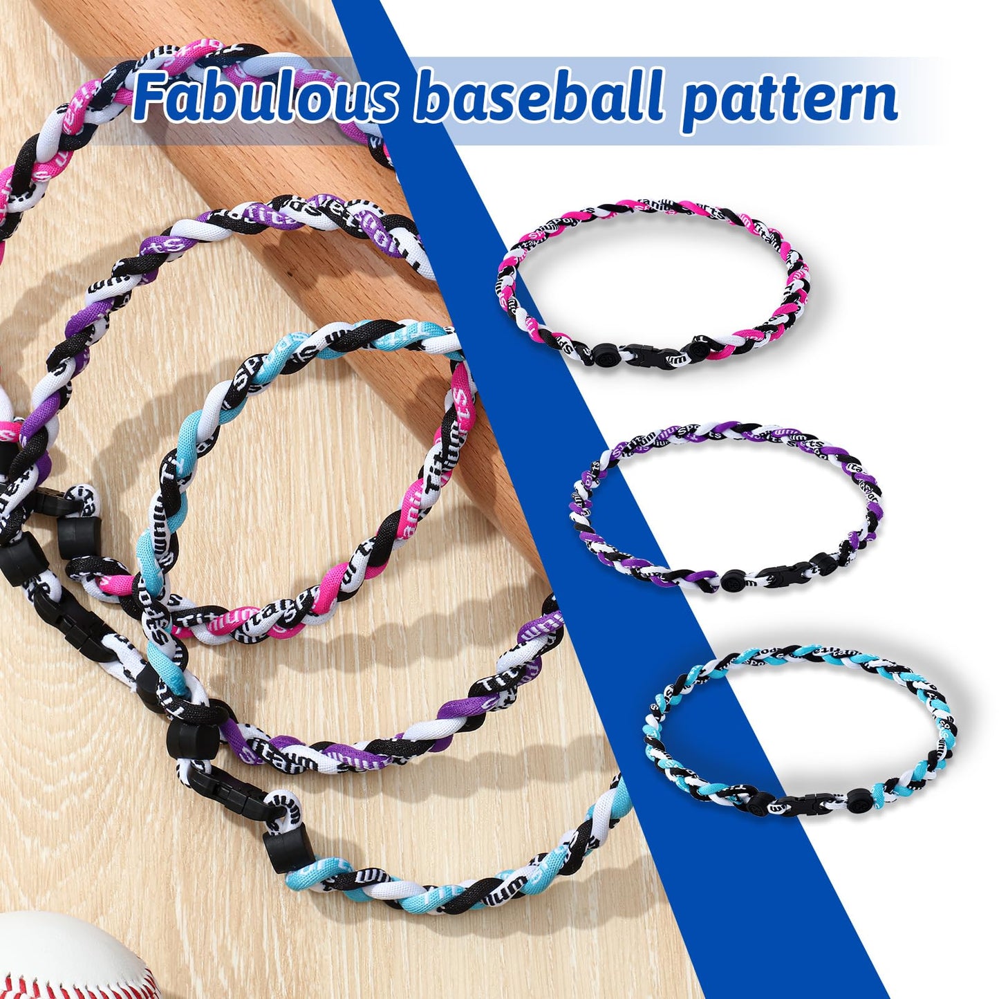 Junkin 3 Pcs Baseball Necklaces Three Braided Rope Titanium Necklace for Team Gifts Boys Men Player Softball Fans Sports (Elegan