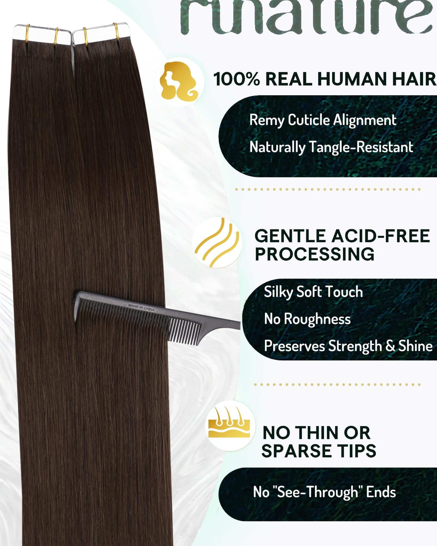 RUNATURE 20 Inch Tape ins Human Hair Extensions Brown Brazilian Straight Tape in Hair Extensions Real Human Hair Skin Weft Seaml