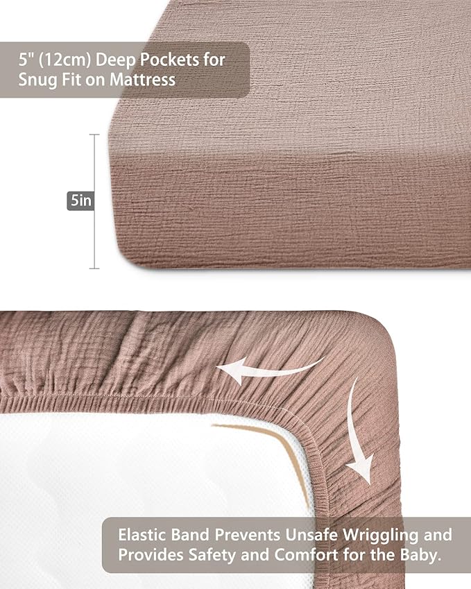 Mini Crib Sheets for Baby, Fitted Pack N Play Mattress and Mini Cribs 24" x 38", Neutral Muslin Cotton Mini Crib Mattress Sheet with Boho Style, Soft and Breathable Comfort (Vintage Taupe)