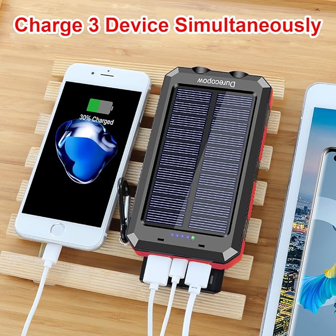 Solar Charger Power Bank, 20000mAh Portable Outdoor Waterproof Solar Battery Charger, Camping External Backup Battery Pack USB C Ports Input/Output, 2 Led Light Flashlight with Compass (Red)