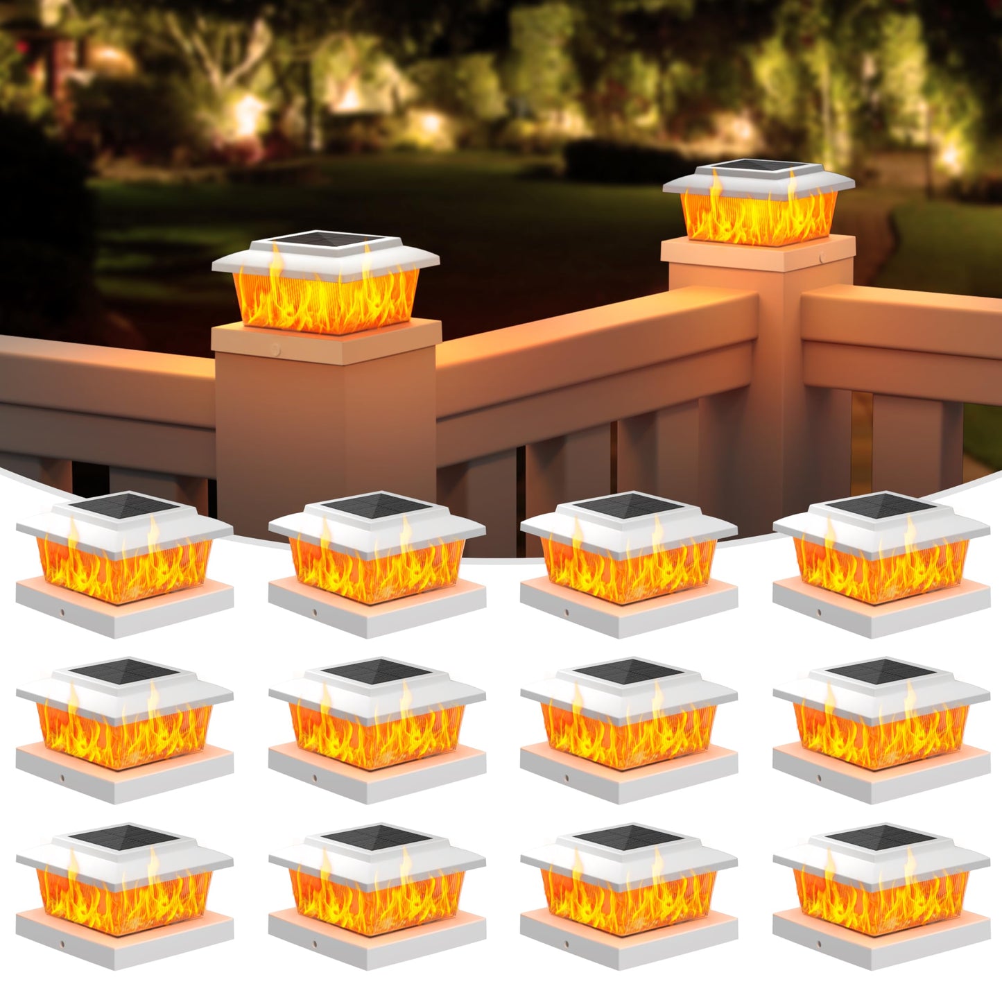 Volisun Solar Fence Post Lights 12Pack  White Solar Deck Post Cap Flame Light Outdoor Waterproof  High Brightness Flickering Flame Smd Led Lighting  For 4X4 Wooden/4X4 5X5 Vinyl Post