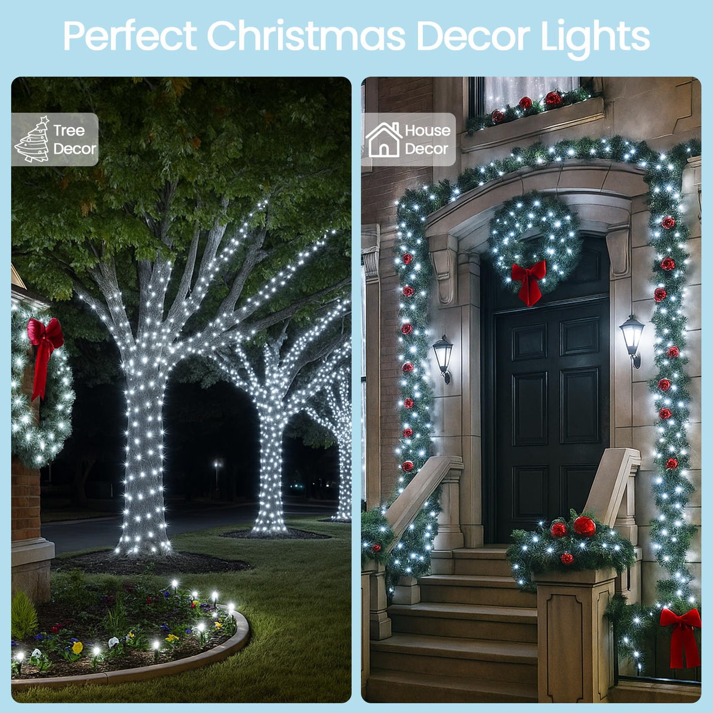 SANJICHA 180FT Solar Christmas Lights, 320 LED, 4 Pack, Waterproof, Green Wire, 8 Lighting Modes, Cool White