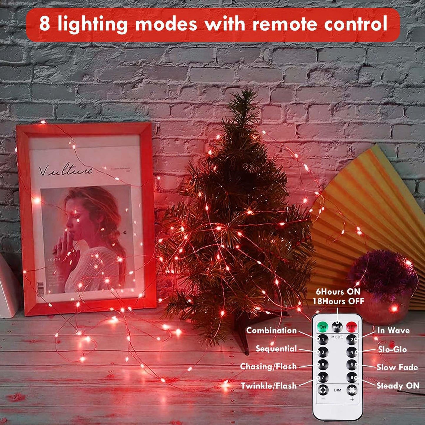 YIQU 3 Pack Fairy Lights, 26 FT 80 LED, Battery Operated with Remote Control Timer, 8 Modes, Red