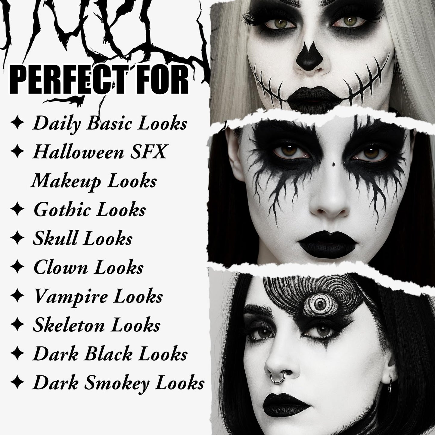 UCANBE Black Halloween Makeup Kit - Skeleton Skull Vampire Gothic Makeup Set for SFX Cosplay Costume -Eyeshadow, White Foundatio
