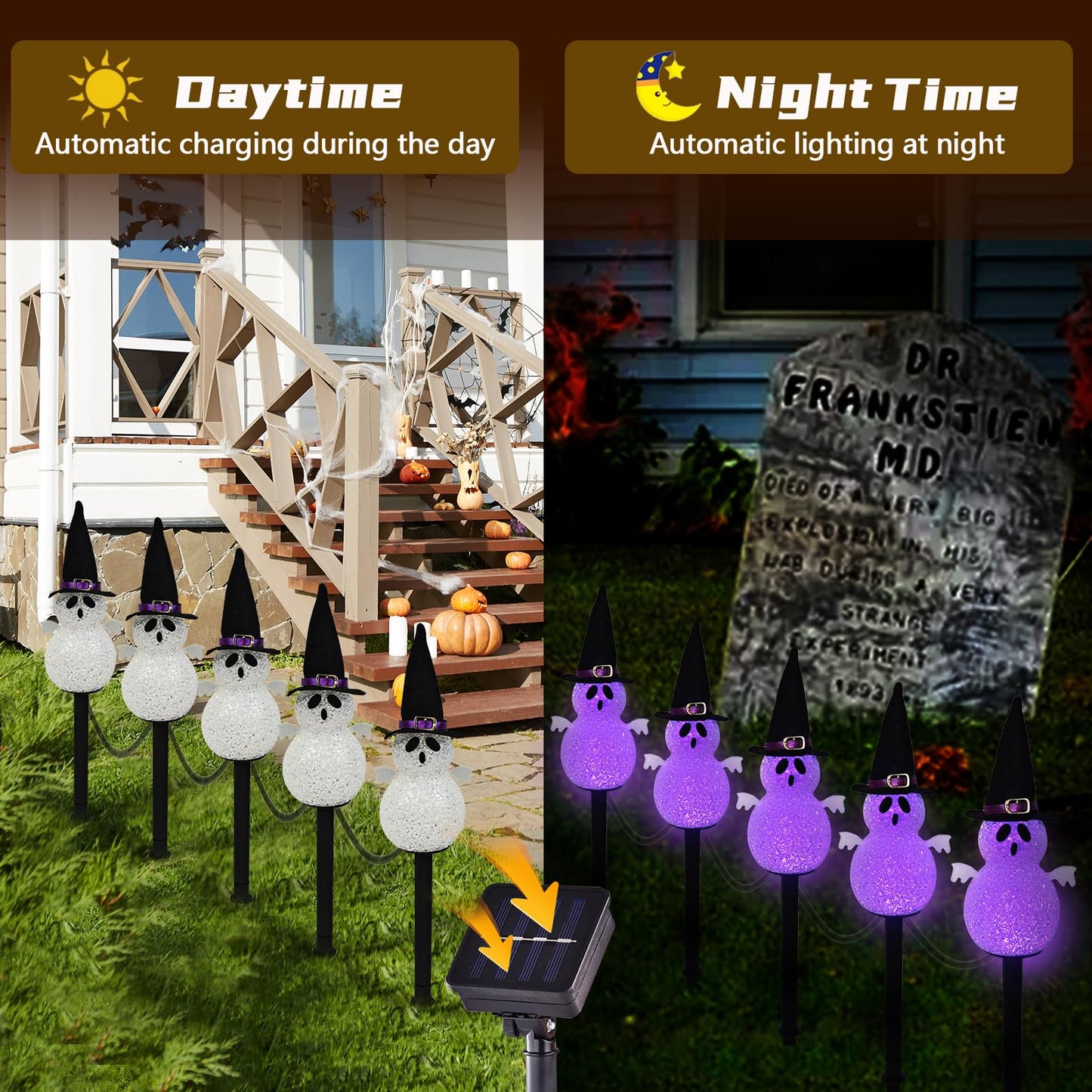 Solar Halloween Pathway Lights Outdoor Decorations 5 Pack Ghost Garden Stake Lights  Waterproof Led Walkway Lights For Outside Patio Yard Halloween Decor (Purple Ghost)