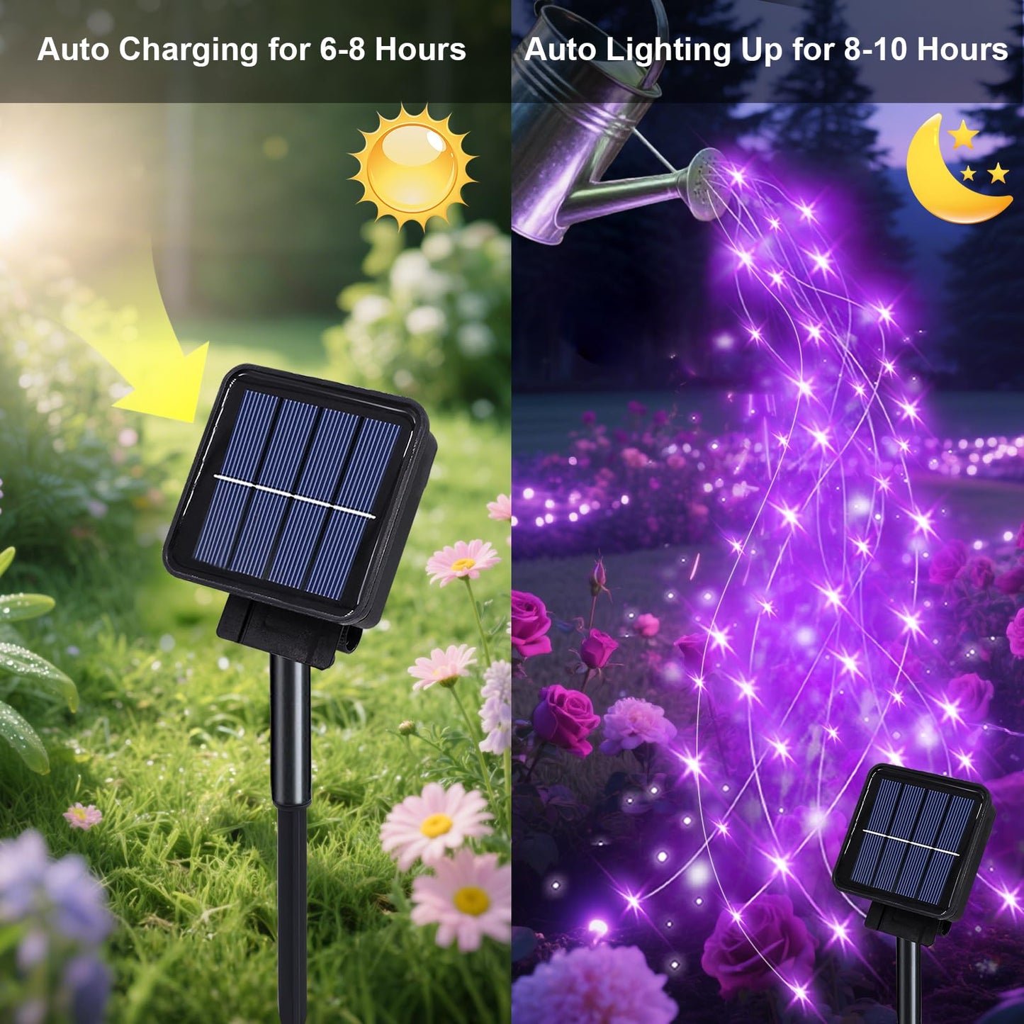 ANGMLN Solar Waterfall Fairy Bunch Lights, 200 LEDs, Purple, Waterproof, 8 Modes, Model MBSHD, Outdoor Garden Decorations