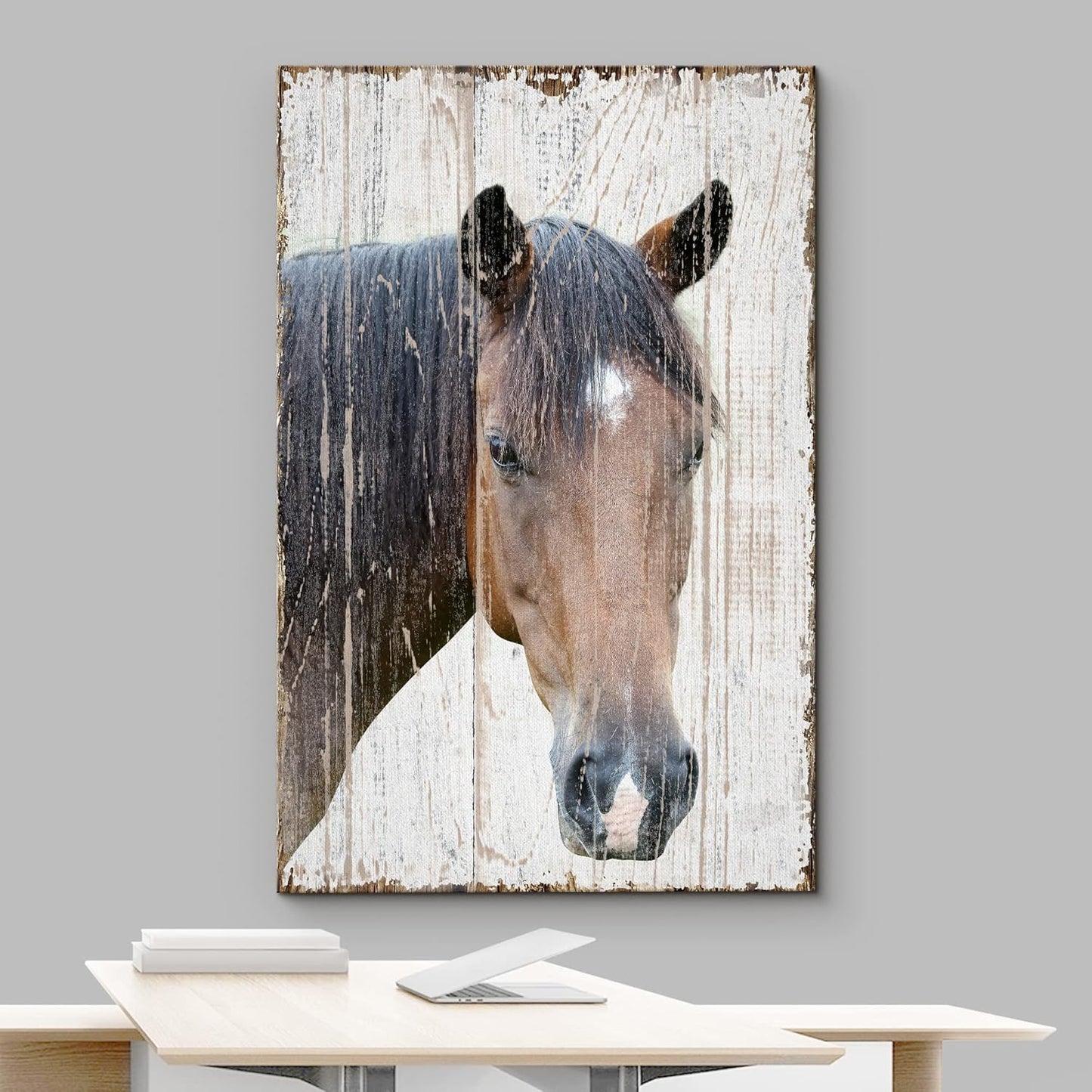 wall26 Canvas Print Wall Art Horse Portrait on Distressed Wood Panels Animals Wildlife Digital Art Realism Rustic Scenic Nature Photography Colorful for Living Room, Bedroom, Office - 16"x24"