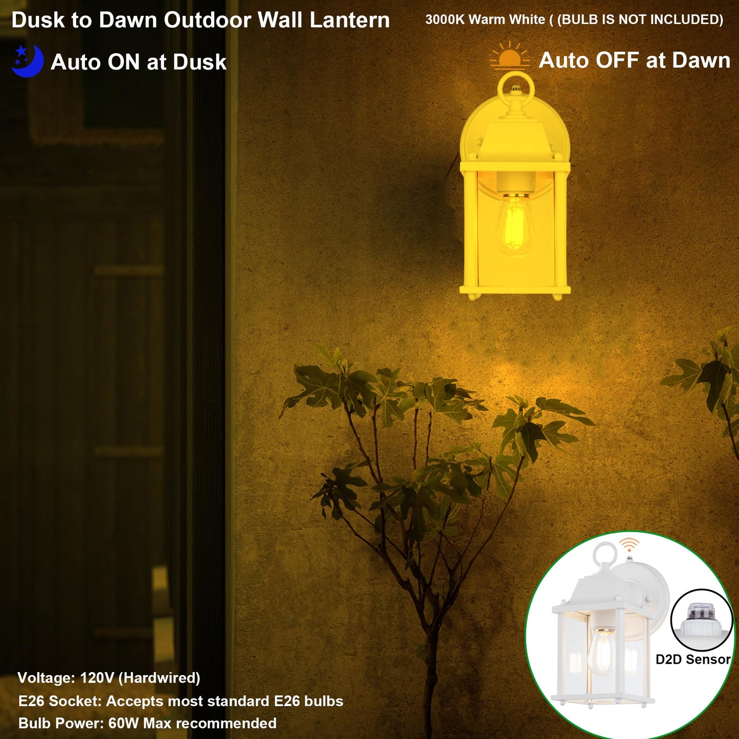 LIT-PaTH Dusk to Dawn Outdoor Wall Lantern, Waterproof Aluminum, E26 Base, 2-Pack, White, Model LT-WL009P-WT-2PK
