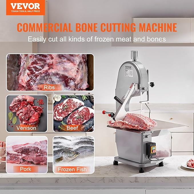 Commercial Electric Meat Bandsaw, 1500W Stainless Steel Countertop Bone Sawing Machine, Workbeach 19.3" x 15", 0.16-7.9 Inch Cutting Thickness, Frozen Meat Cutter with 6 Blades for Rib Pork Beef