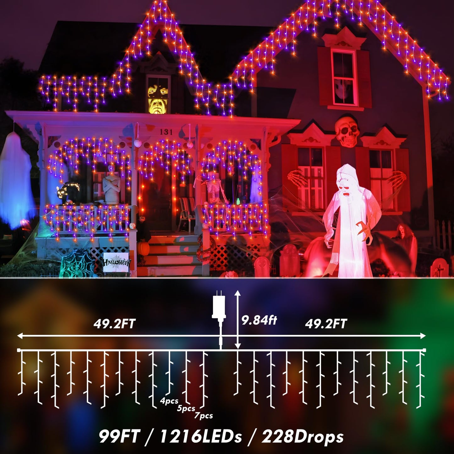 Knonew Christmas Lights Outdoor 1216 Led 99Ft Curtain Fairy String Light, 8 Modes, Clear Wire, Orange & Purple For Indoor/Outdoor Decor