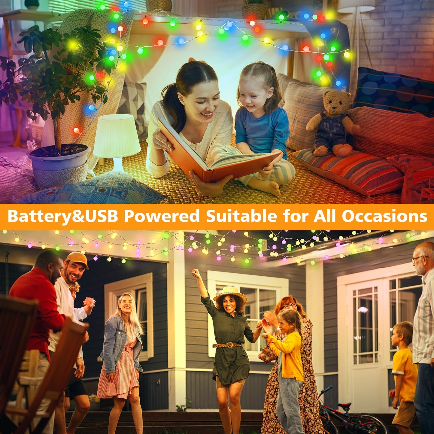 OMIKA Globe String Lights, 60 LED, 33 FT, Battery & USB Powered, 18 Colors + Warm White, Plastic, Model BG-QCTB-BO-14