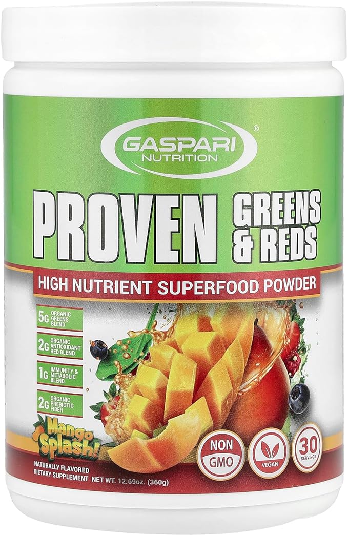 Gaspari Nutrition Greens and Reds: Organic Superfood Powder, Immune Support, Probiotics and Fiber, Vegan and Non-GMO (30 Servings, Mango)