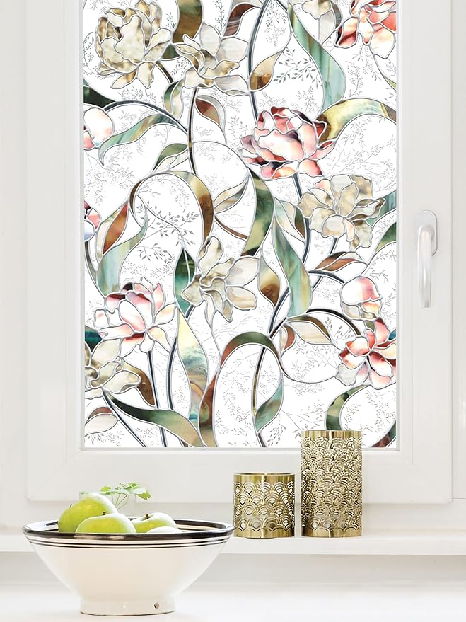 Artscape Begonia | Privacy Window Film with Vibrant Colored Pattern | Non-Adhesive & UV Protection | Easy to Apply & Removable | 24 x 36 Inches | Made in USA