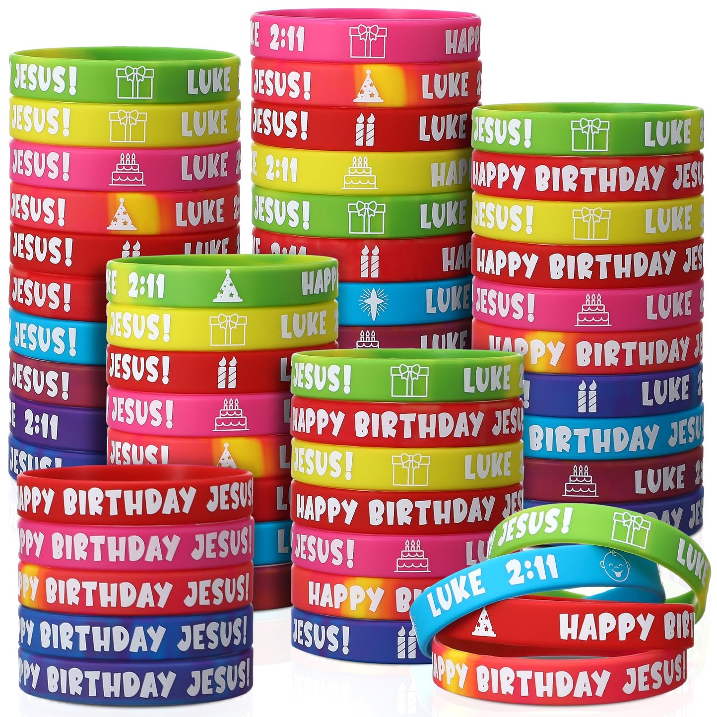 PullCrease 100 Pcs Happy Birthday Jesus Wristband Christmas Luke 2: 11 Rubber Wristband 10 Styles with Christian Religious Cross