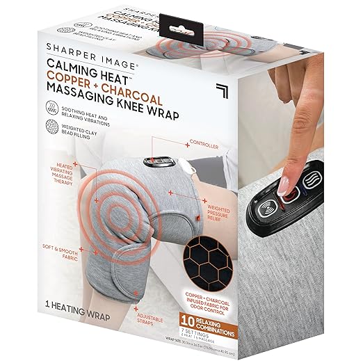 Calming Heat Knee Wrap by Sharper Image | Weighted Copper & Charcoal, Heating Pad, Auto Shut-Off Feature, Gift for Holiday...