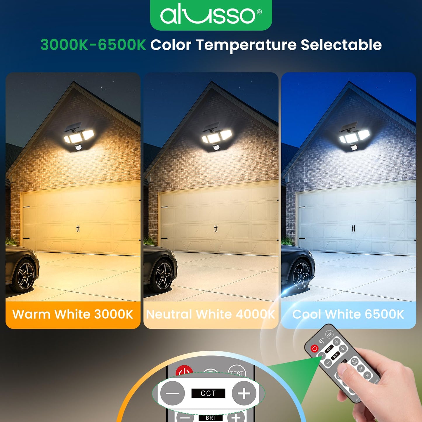 ALUSSO Solar Lights Outdoor, 3 Heads Motion Sensor, Dimmable 3000-6500K, IP54 Waterproof, Remote Control, Black, Model OT05
