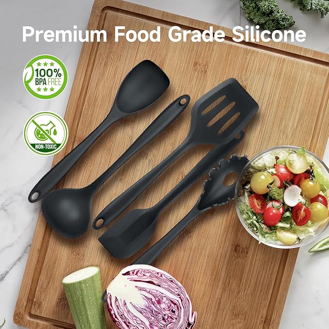 Silicone Kitchen Utensils Set with 360° Rotating 7.3'' Large Holder, Non Toxic Silicone Cooking Utensils Set for Cooking, Dishwasher Safe Kitchen Spatula Set, Heat Resistant, BPA Free, Black