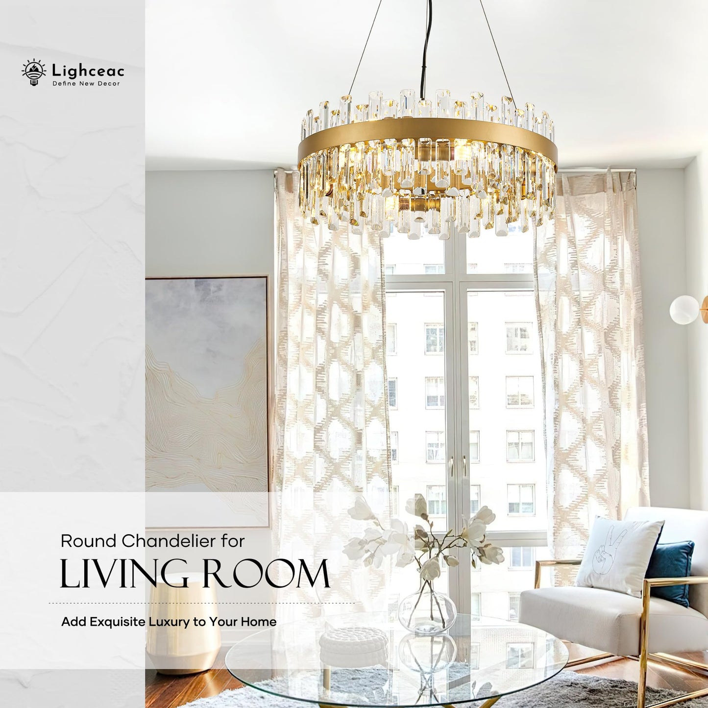 Lighceac 21.7 Gold Modern Crystal Chandelier Light Fixtures stylish 2 Rings Crystal Chandeliers For Dining Room 12-Light Round Hanging Pendant Lighting For Living Room Kitchen Island Entryway Bedroom
