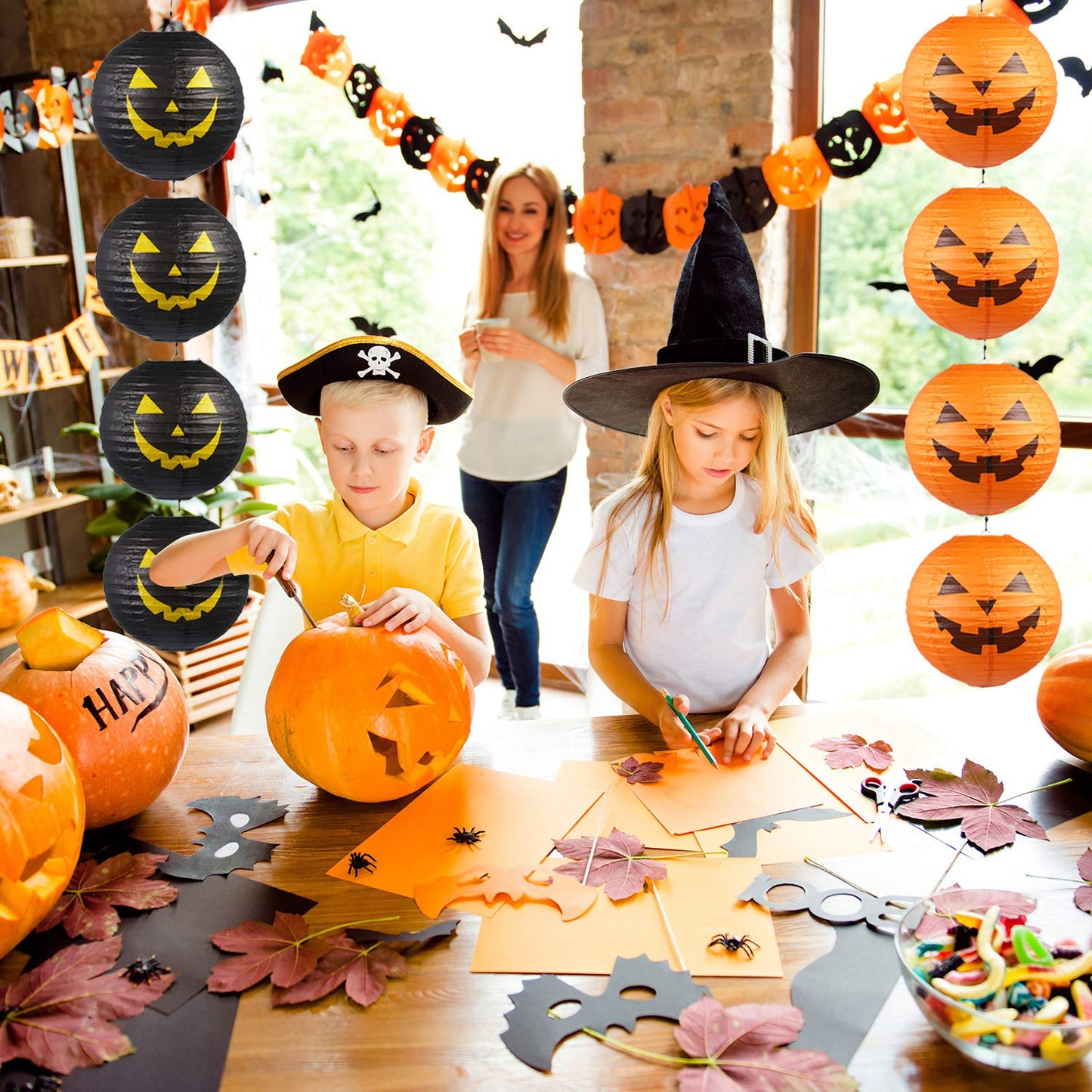 Blulu Halloween Hanging Paper Lanterns Set, 6 Pieces, 11.8 Inch, Orange/Black, Paper, Model Blulu-Lanterns Set-01