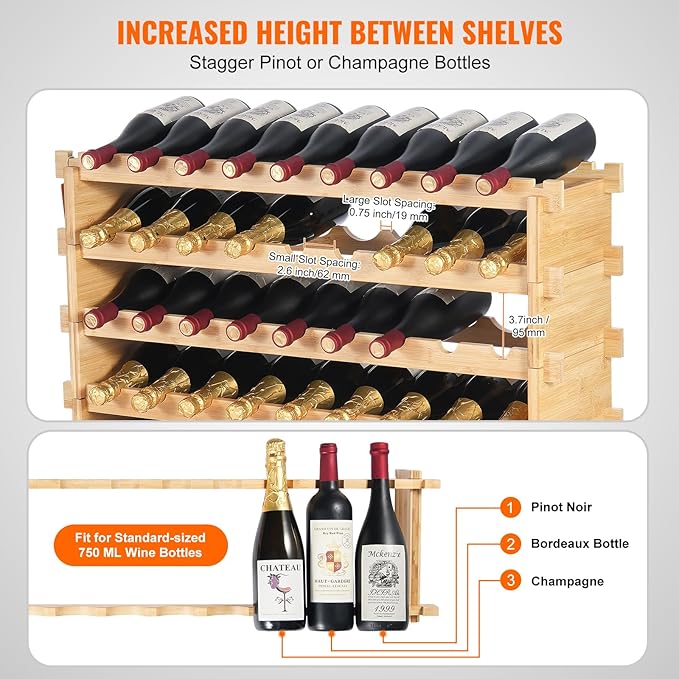 VEVOR 72 Bottle Upgrade Modular Wine Rack, Continuously Store Pinot Bottles, 8-Tier Bamboo Wood Storage Rack, Floor Freestanding Wines Holder Display Shelf, Wobble-Free Shelves for Kitchen Bar Cellar