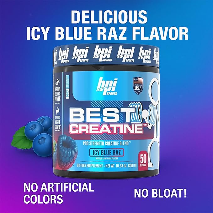 BPI Sports Best Creatine - Creatine Monohydrate Powder for Men & Women, Himalayan Salt - Strength, Pump, Endurance, Muscle Growth, Muscle Definition - No Bloat - Icy Blue Raz - 50 servings - 10.58 Oz