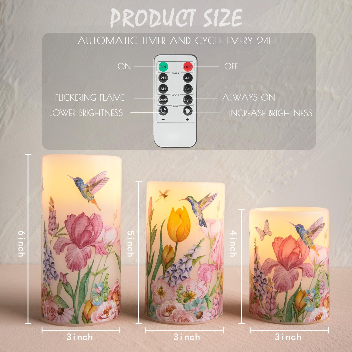 LUSHARBOR Flameless Candles with Remote, Battery Operated Candles Real Wax Hummingbird Flickering LED Candles Floral Christmas Decor Electric Pillar Candles Set of 3