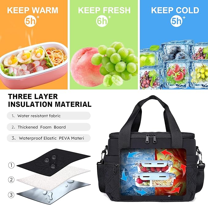 NOL Natural Organic Lifestyle Women's Nylon Lunch Cooler Cute Quilted Lunch Bag Large Leakproof Insulated Lunch Tote Bag for Work Picnic Travel,Black
