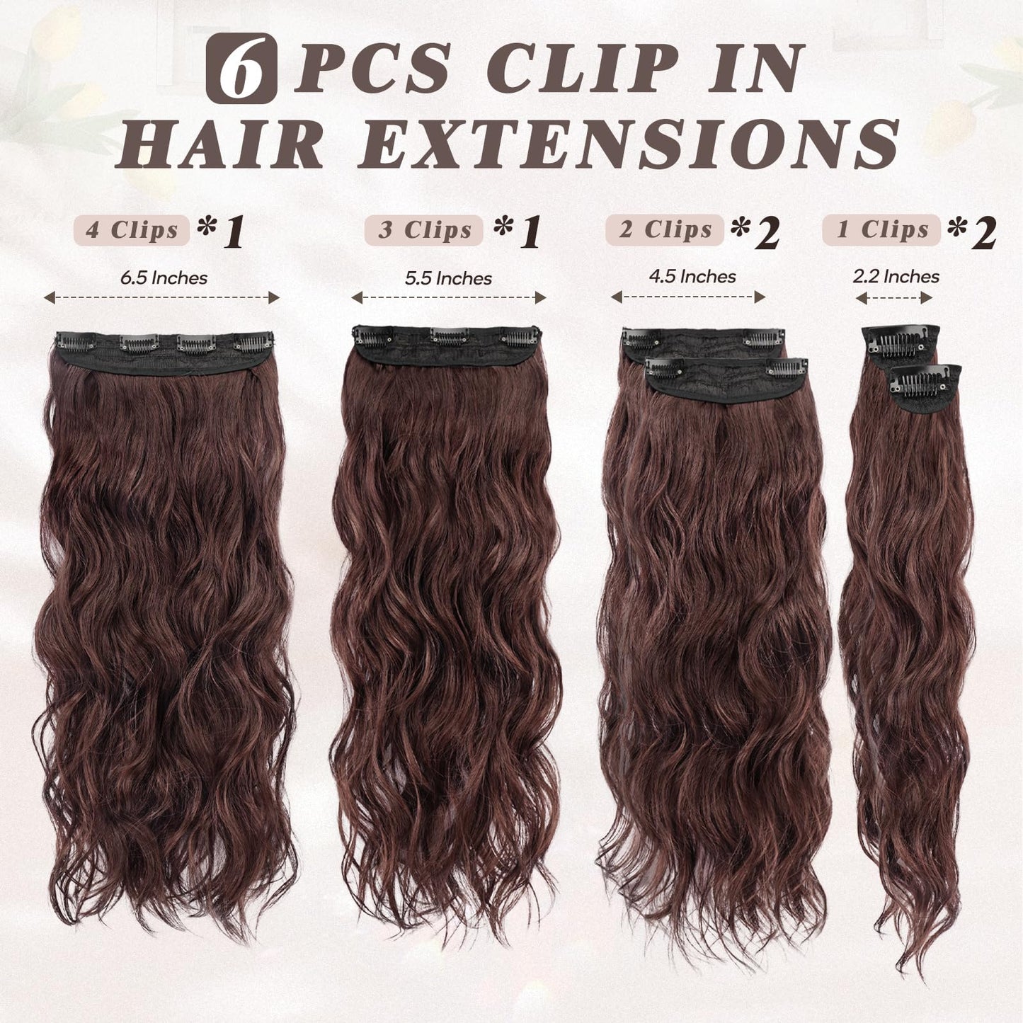 BARSDAR Brown Clip in Hair Extensions - 20 Inch Wavy Clip in Hair Extensions for Women - 6PCs Soft Thick Synthetic Chestnut Hair