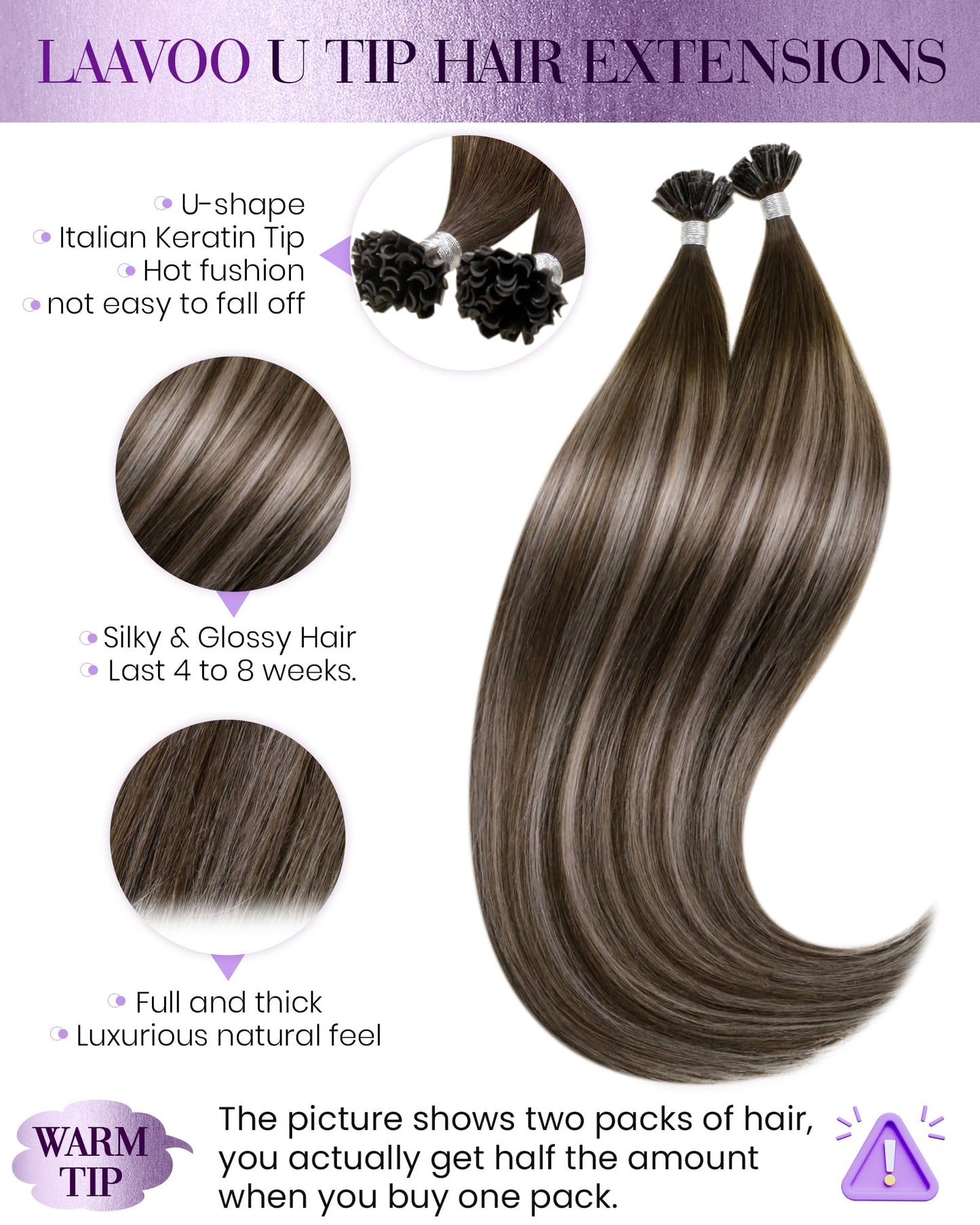 LaaVoo U Tip Hair Extensions Human Hair Dark Brown Mix Ash Brown K Tip Hair Extensions Hot Fusion Balayage Ktip Human Hair Exten