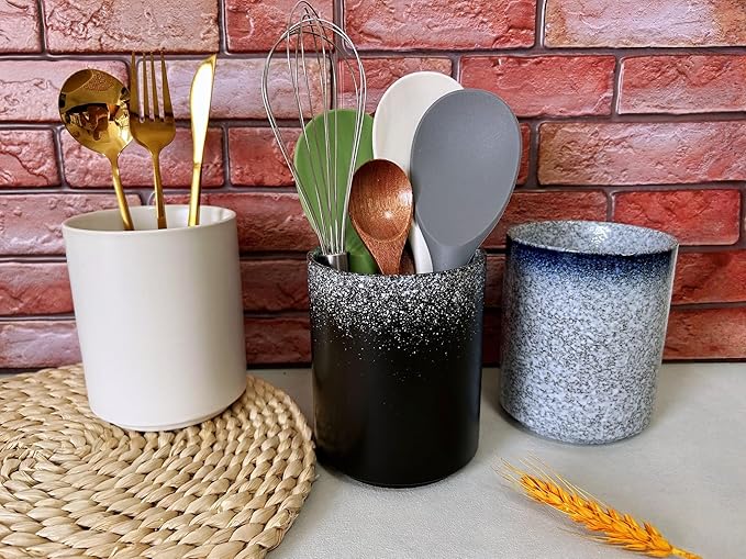 Short Kitchen Utensil Holder for Kitchen Counter Cooking Utensil Holder for Countertop Spatula Holder Small Utensil Crock Cutlery Holder Silverware Caddy Flower Vase (Snow Night)