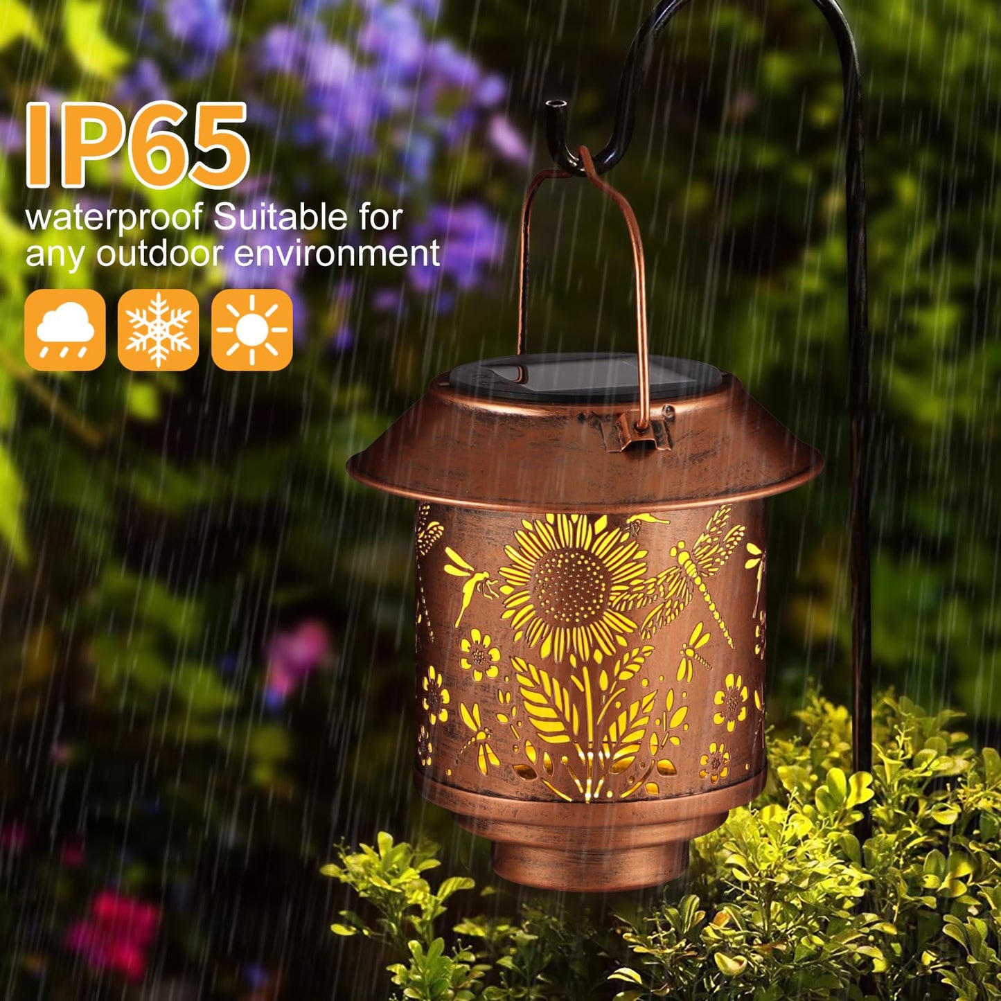 Solar Lantern Outdoor Hanging Sunflower Lights Gifts For Women Mom Metal Garden Decor Outside Waterproof Led Lanterns For Patio(Dragonfly + Sunflower)