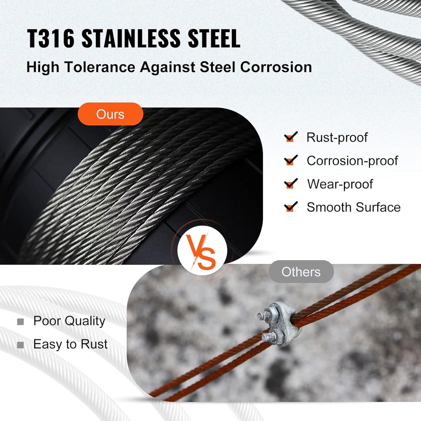 VEVOR 1/8" Stainless Steel Cable 1000FT, T316 1x19 Tighter Core Cable Railing System Wire Rope Aircraft Deck Railing Kit Fence Wire
