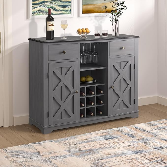 Rustic Wine Cabinet with Wine Rack and Lattice, Sideboard Buffet Cabinet with Drawers, Multifunctional Storage Cabinet for Kitchen, Dining Room, 47 Inch (Gray)