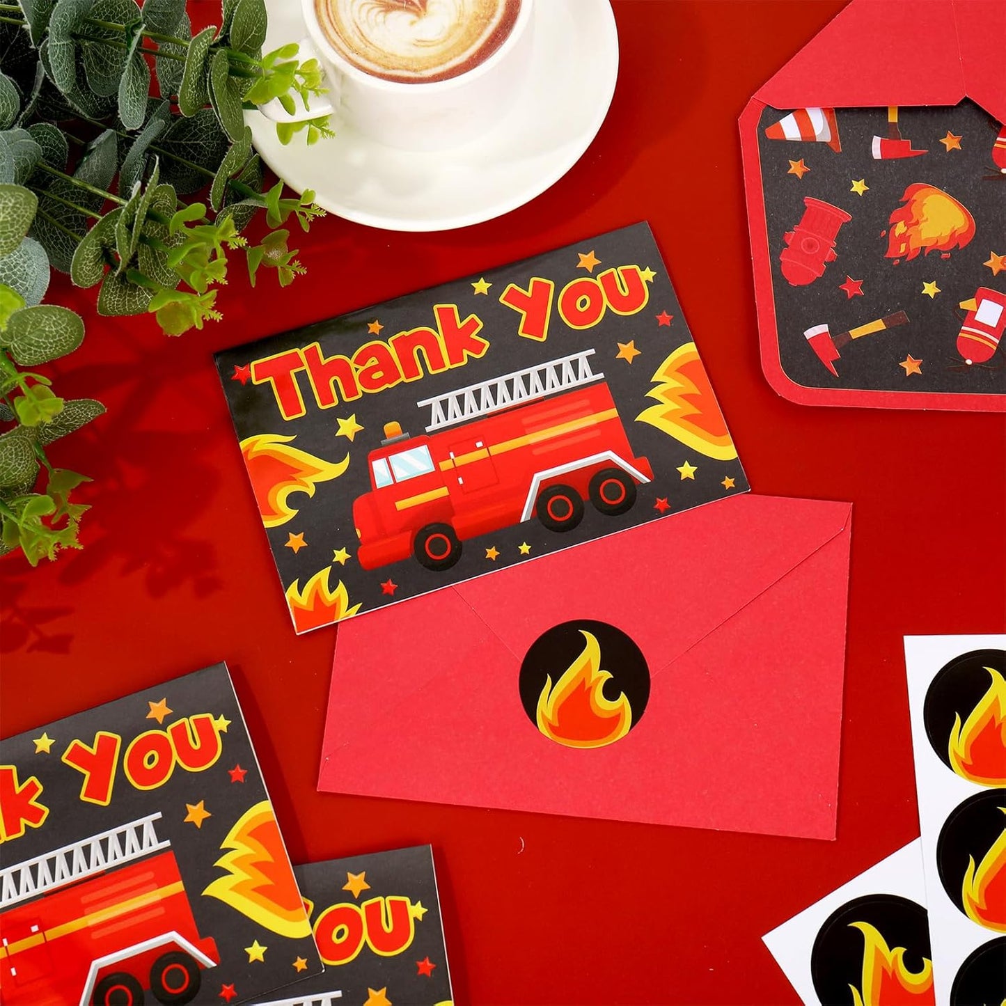 Whaline 24Pcs Firetruck Thank You Cards with Envelopes and Stickers Red Black Fire Hydrant Star Greeting Card Blank Note Card for Fireman Party Supplies
