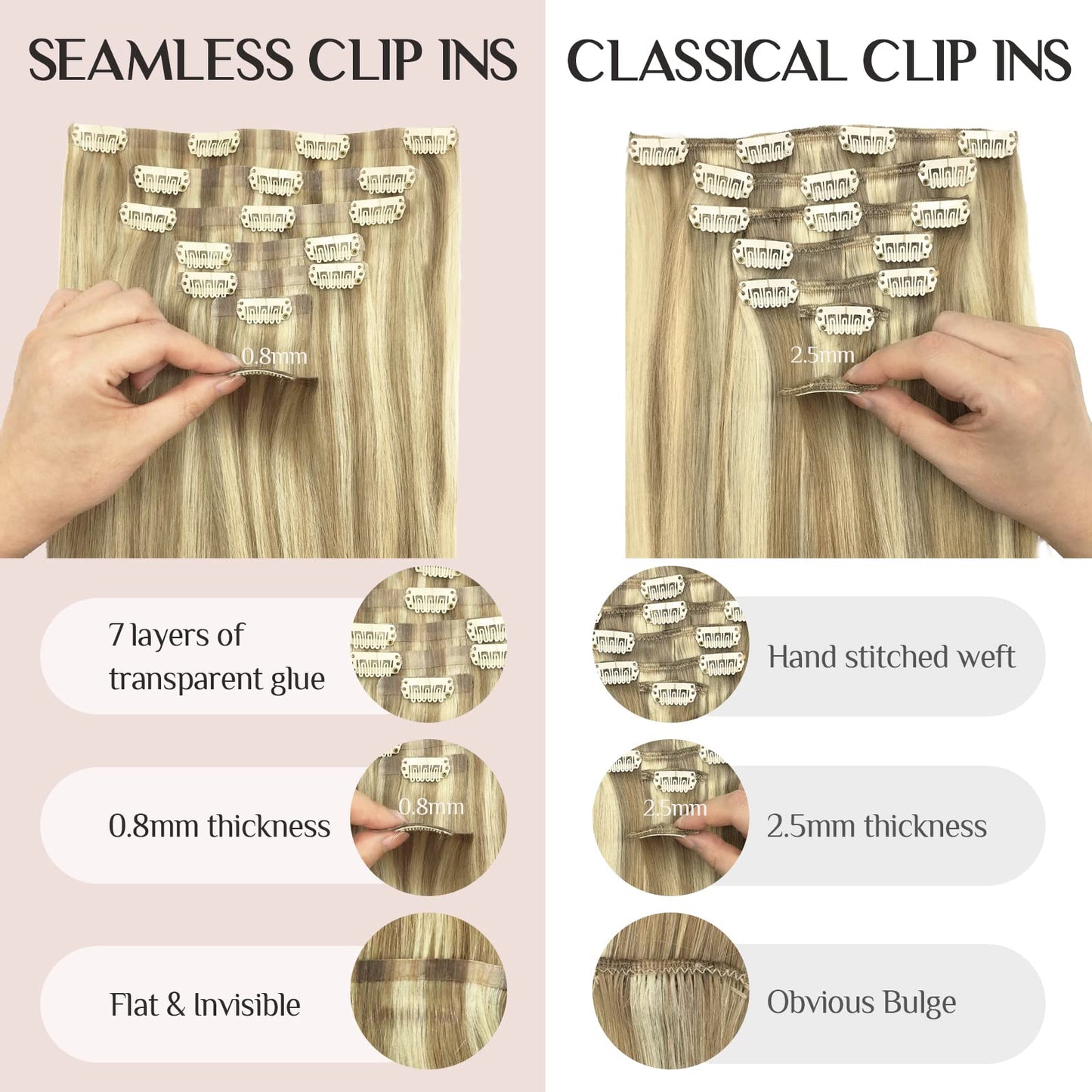 MAXITA Clip in Human Hair Extensions, 110g 7pcs Light Blonde Highlighted Golden Blonde 18 Inch Straight Hair