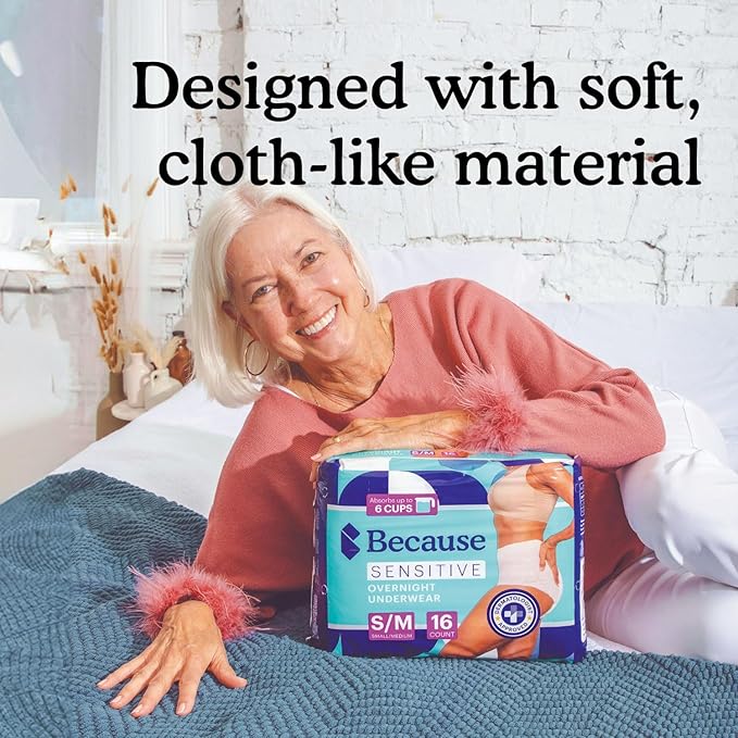 Because Adult Incontinence Underwear for Sensitive Skin - Women - Premium Overnight Disposable Briefs, Anti Odor - White, X-Large - Absorbs 6 Cups - 48 Count (4 Packs of 12)