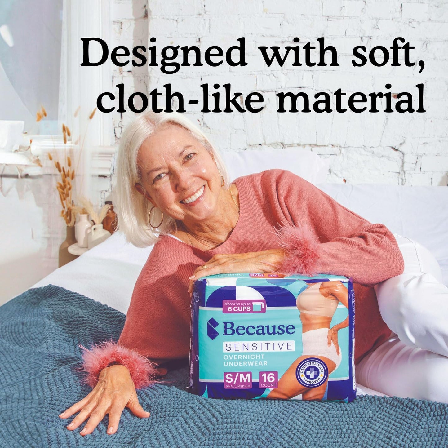 Because Adult Incontinence Underwear for Sensitive Skin - Women - Premium Overnight Disposable Briefs, Anti Odor - White, X-Large - Absorbs 6 Cups - 12 Count (Pack of 1)