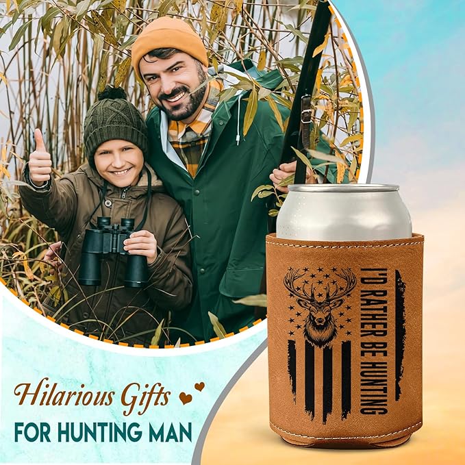 Hunting Gifts for Men – Leather Beer Can Cooler – Christmas, Birthday Gift for Hunters – Hunting Present for Dad, Husband, or Friend – Durable Collapsible Leather Can Holder