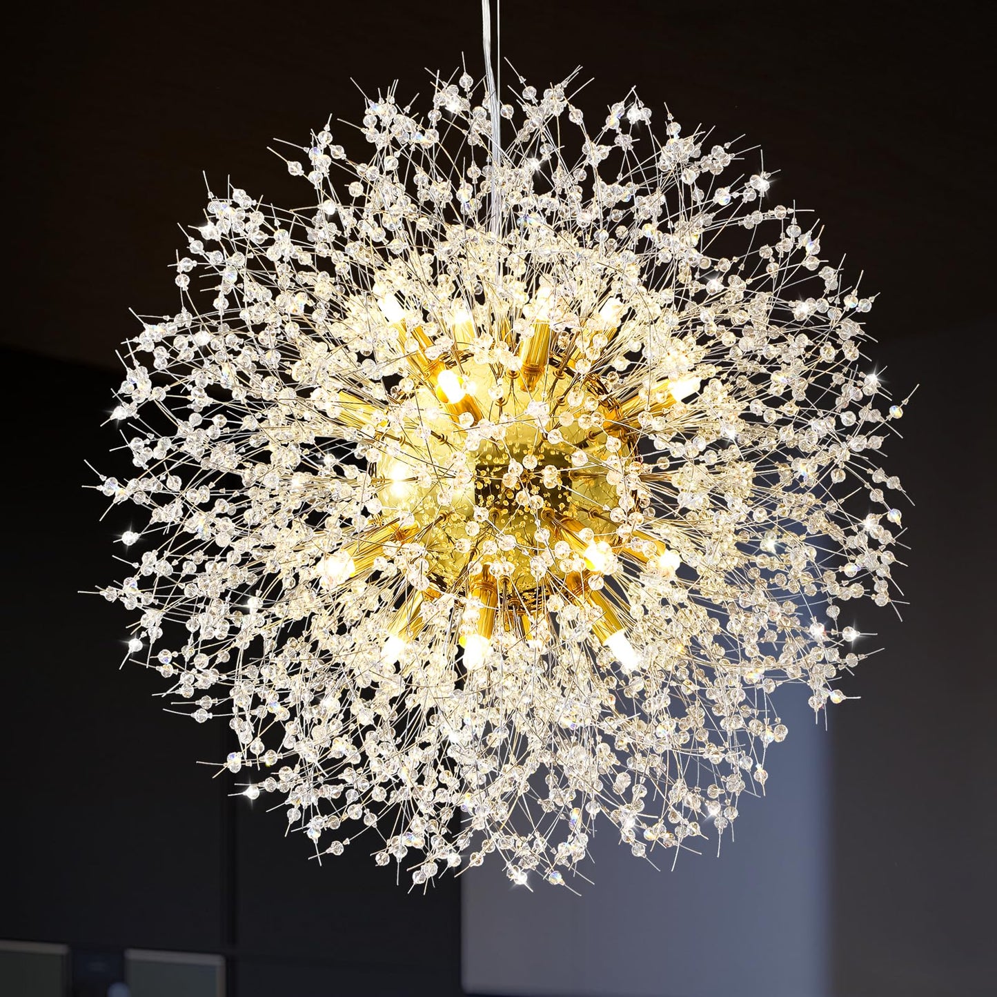 Qamra 16-Light Modern Crystal Gold Sputnik Chandelier, Firework Dandelion Pendant Light For Dining Room, Bedroom, Kitchen, Living Room