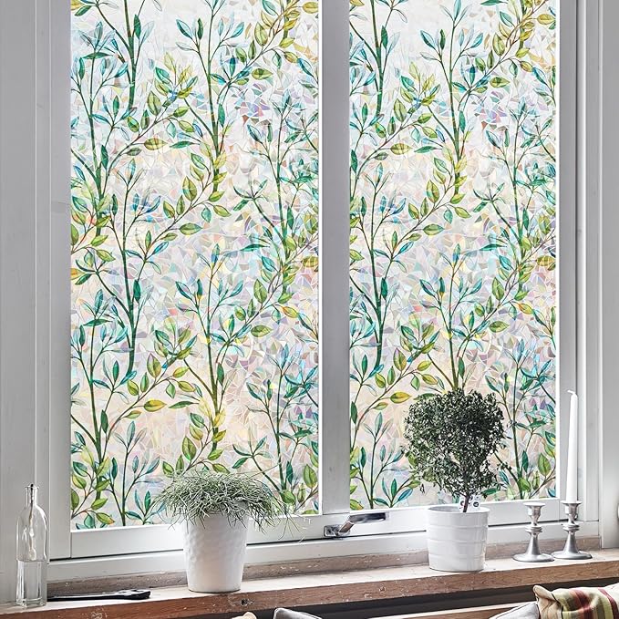 NINETREX Stained Glass Window Film 3D Decorative Cling, Sun Blocking Static Cling Removable Film for Glass Door, Home Decor Window Cover Non-Adhesive 45.2 x 78.7 inches, Leaf