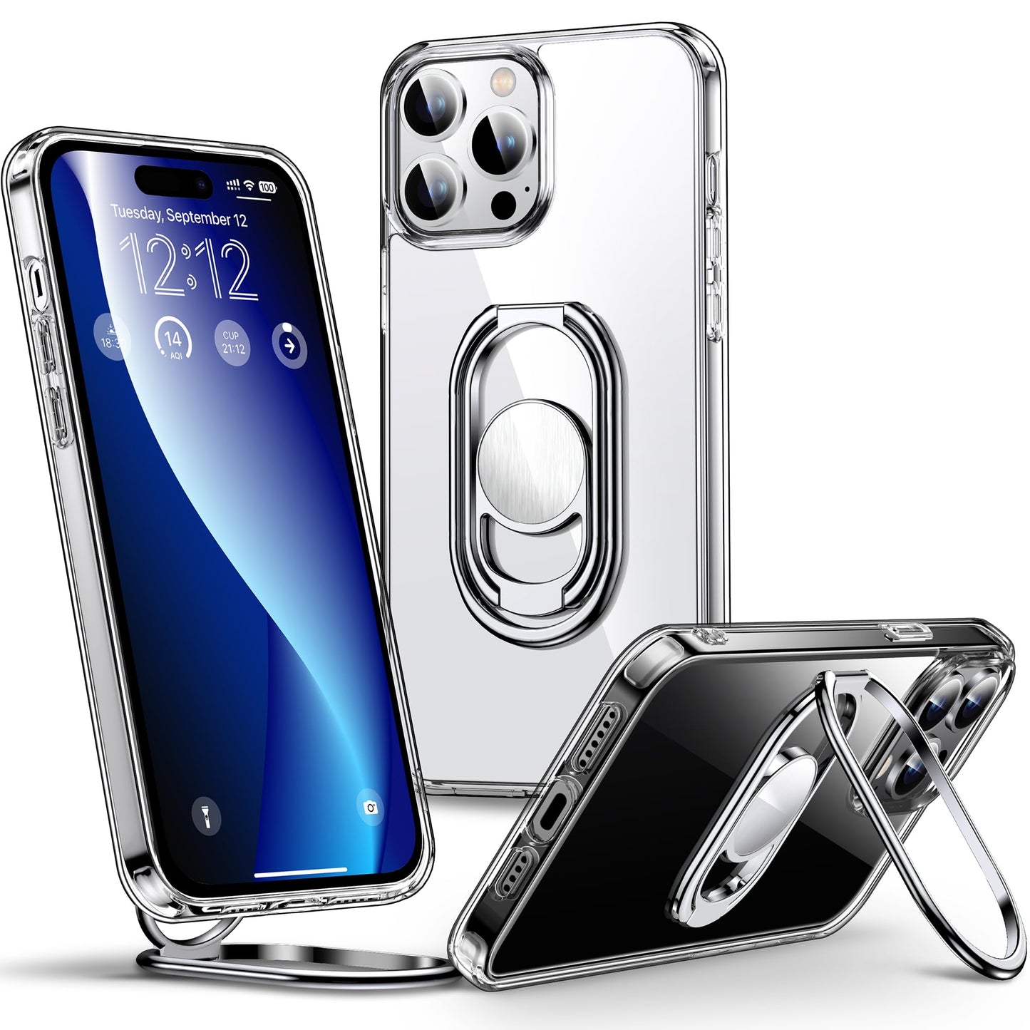 Shields Up For Iphone 15 Pro Case With Stand, Phone Case Clear With Double Ring Holder [Adjustable & Foldable] Shockproof Protec