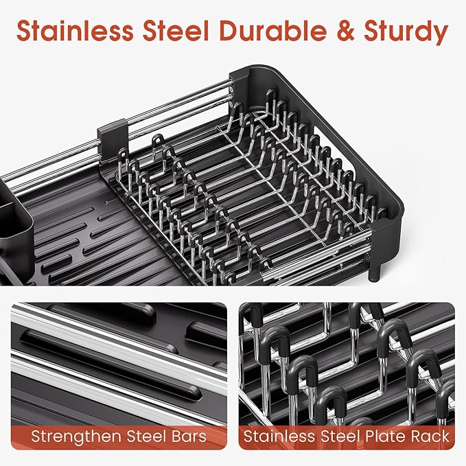 TOOLF Dish Drying Rack for Kitchen Counter, Extendable Dish Rack with Drainboard, Expandable Dish Drainer, Collapsible Dish Strainer with Cutlery Holder, Foldable Countertop Plate Rack, Dark Black