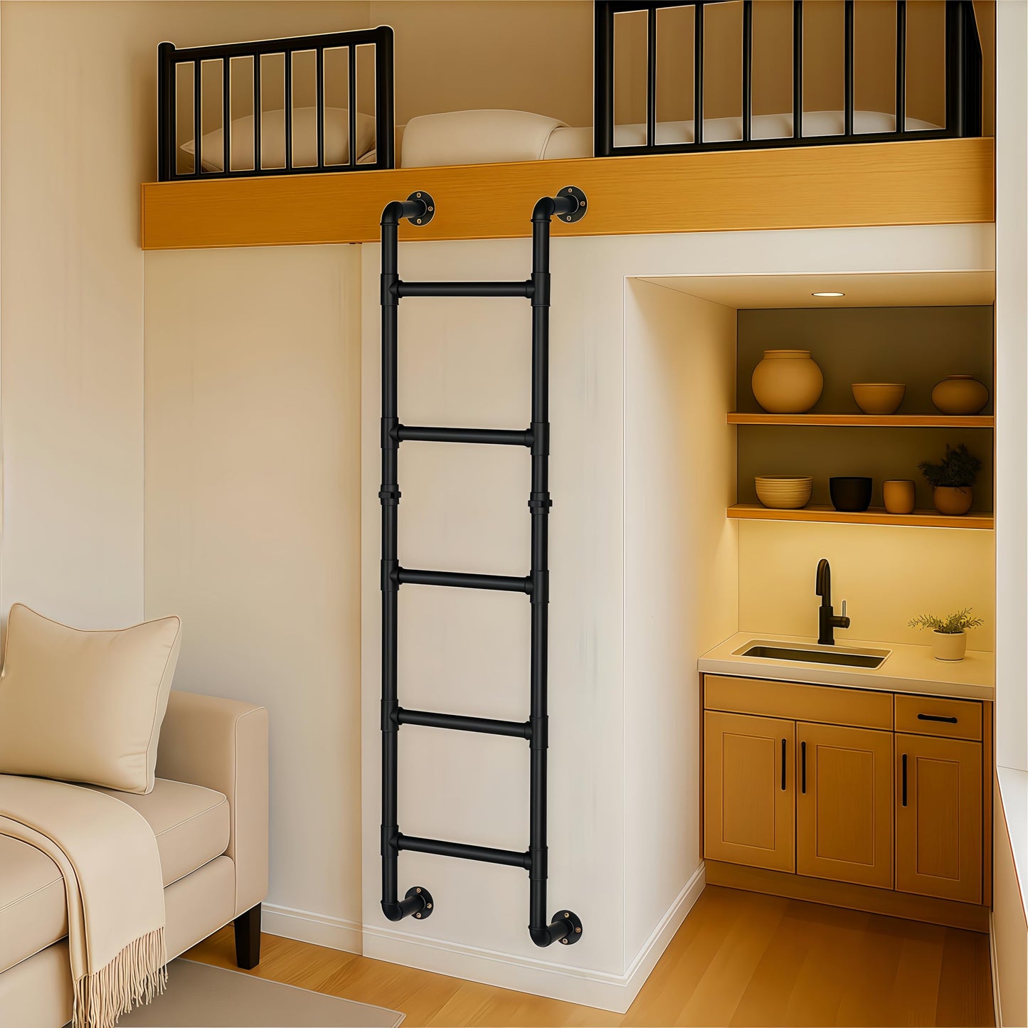 3/4/5/6/7/8FT Black Wall Mounted Steel Ladder, 5-Step Egress Ladder for Window Well, Loft, Bunk Bed, Camper, RV | Floor/Wall Mounted Indoor Safety Climb for Bedroom, Basement, Gym, Dorm & Small Spaces