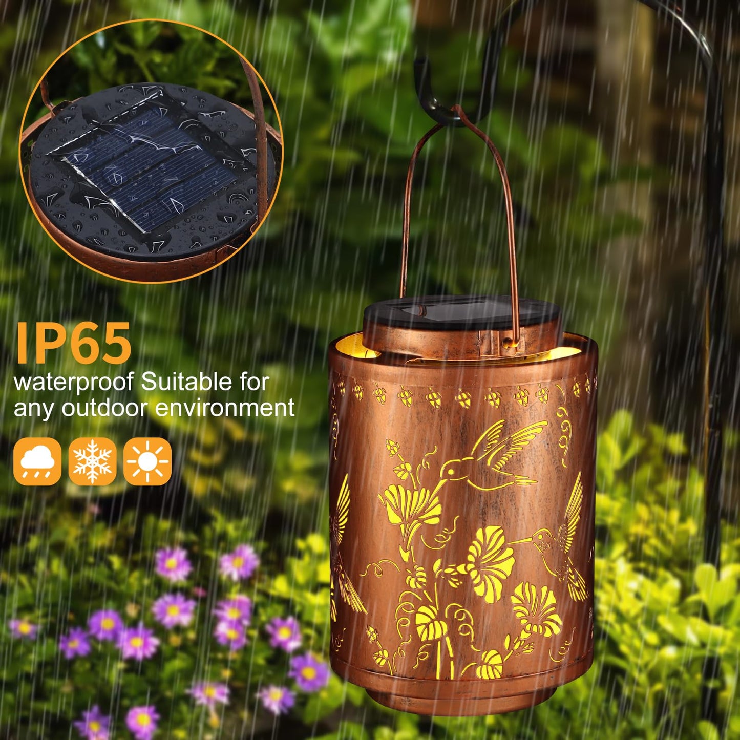 Tepaken 2 Pack Solar Lanterns Outdoor Metal Hanging Lights for Garden Decor, Waterproof, Gold, Model T-DL205-2P