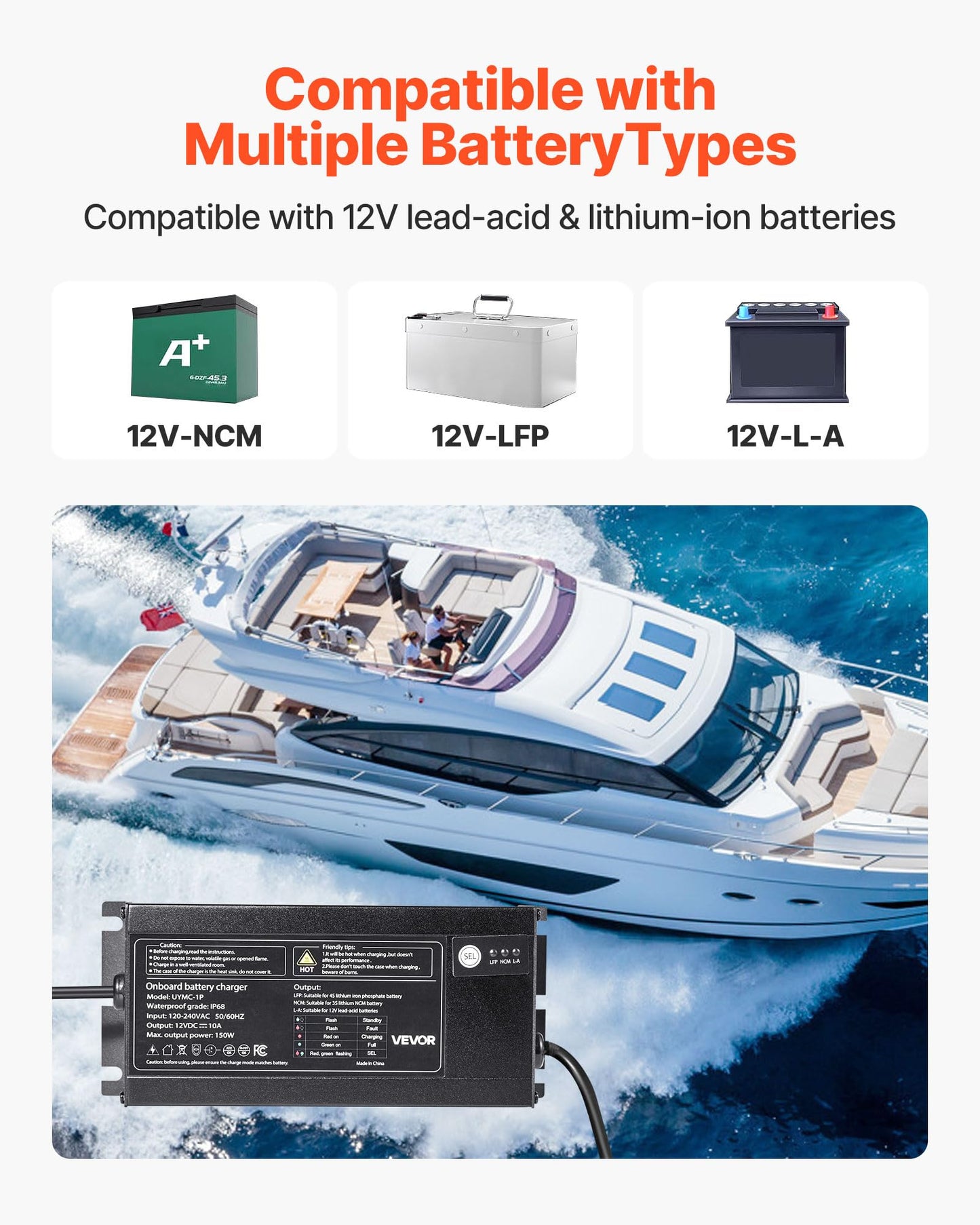 Vevor Marine Battery Charger, 1-Bank, 10A 12V Onboard Boat Charger, Ip68 Waterproof Smart On-Board Battery Charger, For Lithium-